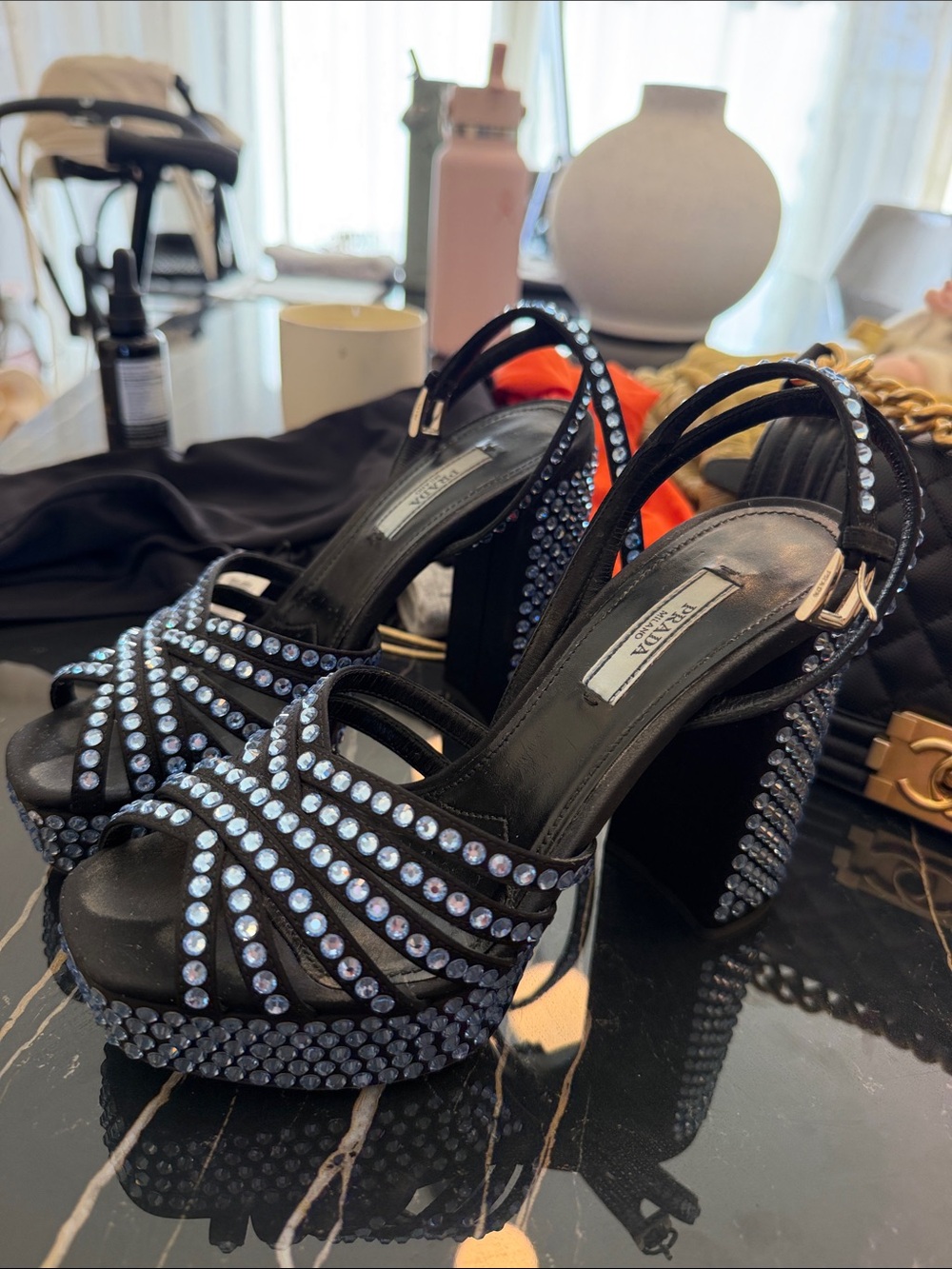 Prada Black Crystal-Studded Platform Sandals